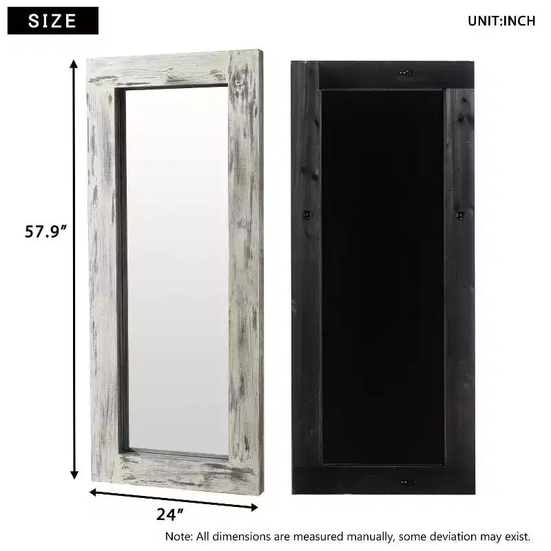 Specchio rettangolare a figura intera da appoggio in legno massiccio in stile rustico con cornice bianca effetto invecchiato, 24 pollici L x 58 pollici A