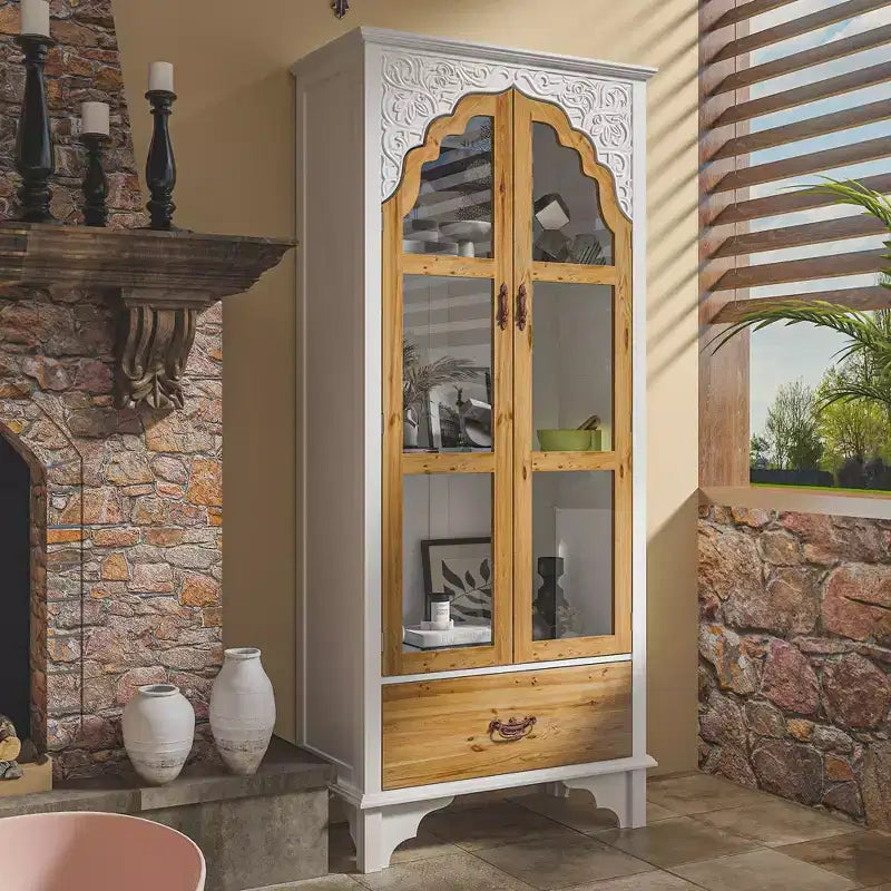 Armadietto portaoggetti verticale bianco, ante in vetro ad arco goffrate, librerie, vetrina, mobile dispensa, armadio laterale