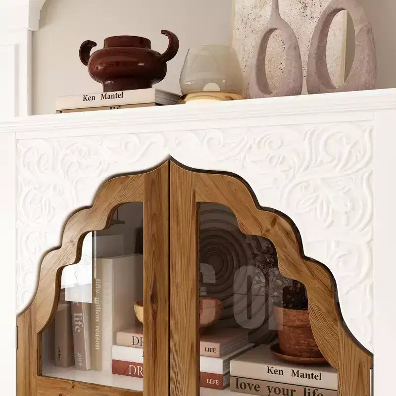 Armadietto portaoggetti verticale bianco, ante in vetro ad arco goffrate, librerie, vetrina, mobile dispensa, armadio laterale