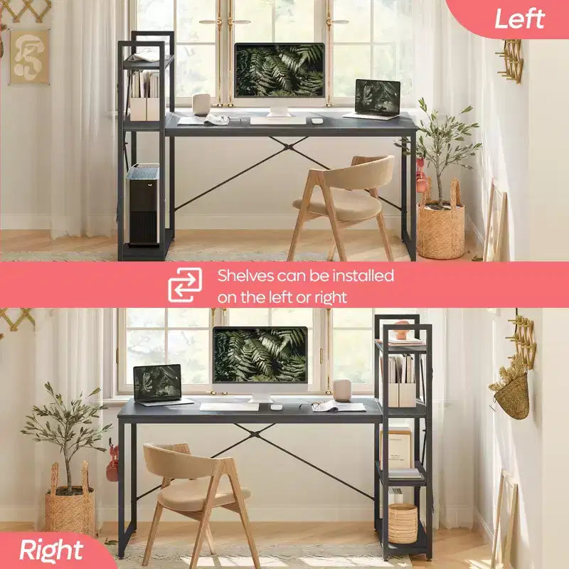 Scrivania da computer da 160 cm con ripiani e gancio per cuffie color rovere, Scrivania da ufficio domestico con 4 ripiani, piedini regolabili e libreria reversibile