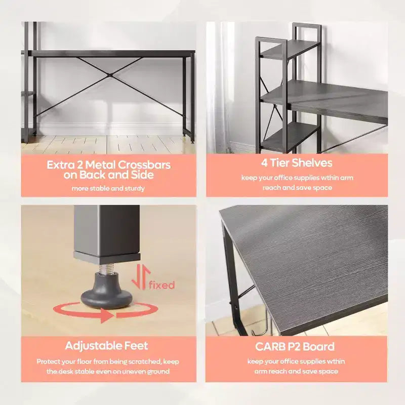 Scrivania da computer da 160 cm con ripiani e gancio per cuffie color rovere, Scrivania da ufficio domestico con 4 ripiani, piedini regolabili e libreria reversibile