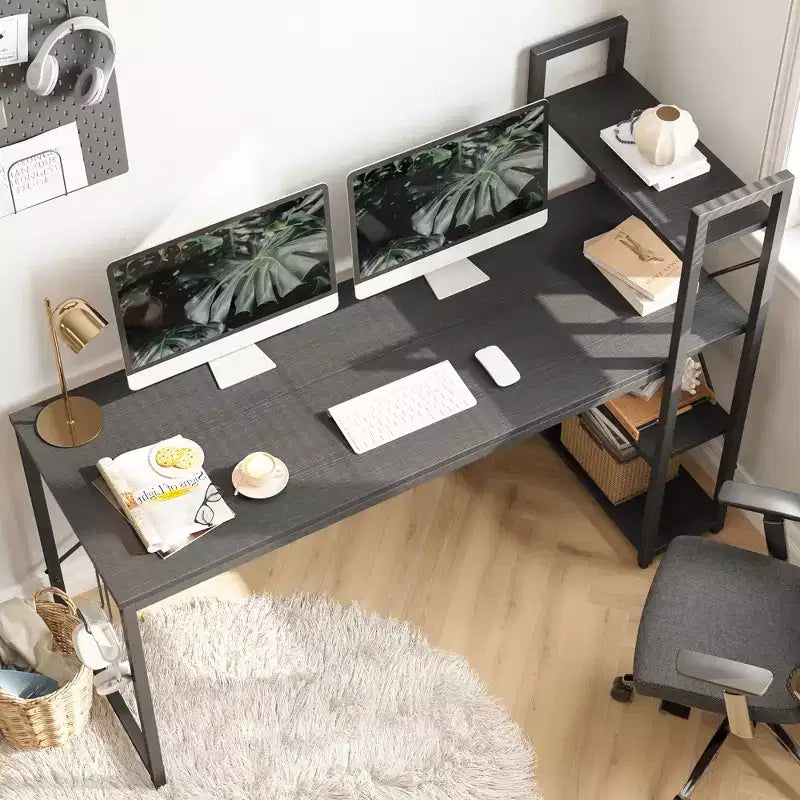Scrivania da computer da 160 cm con ripiani e gancio per cuffie color rovere, Scrivania da ufficio domestico con 4 ripiani, piedini regolabili e libreria reversibile