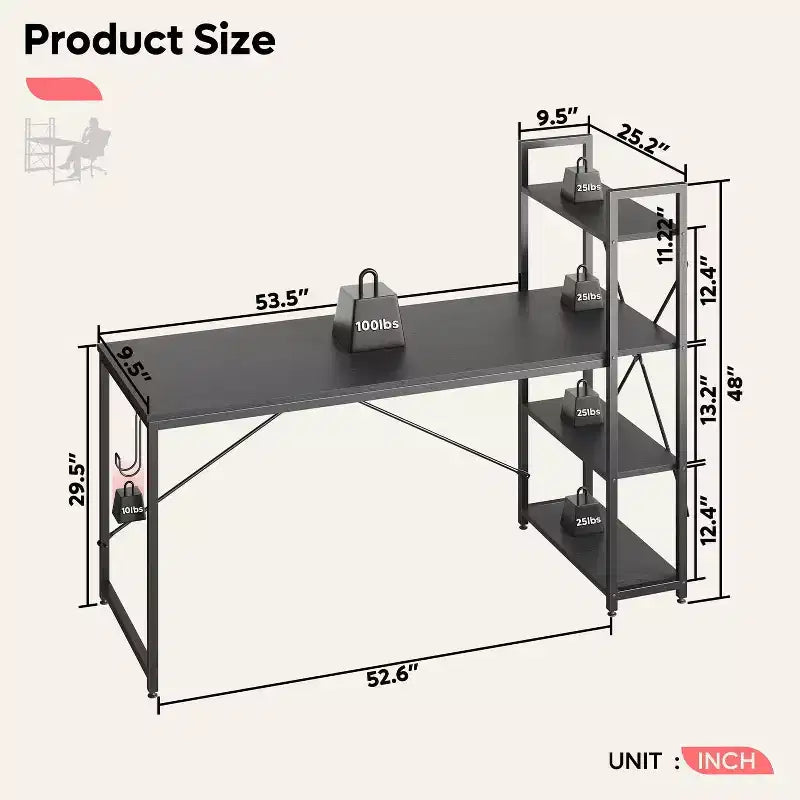Scrivania da computer da 160 cm con ripiani e gancio per cuffie color rovere, Scrivania da ufficio domestico con 4 ripiani, piedini regolabili e libreria reversibile