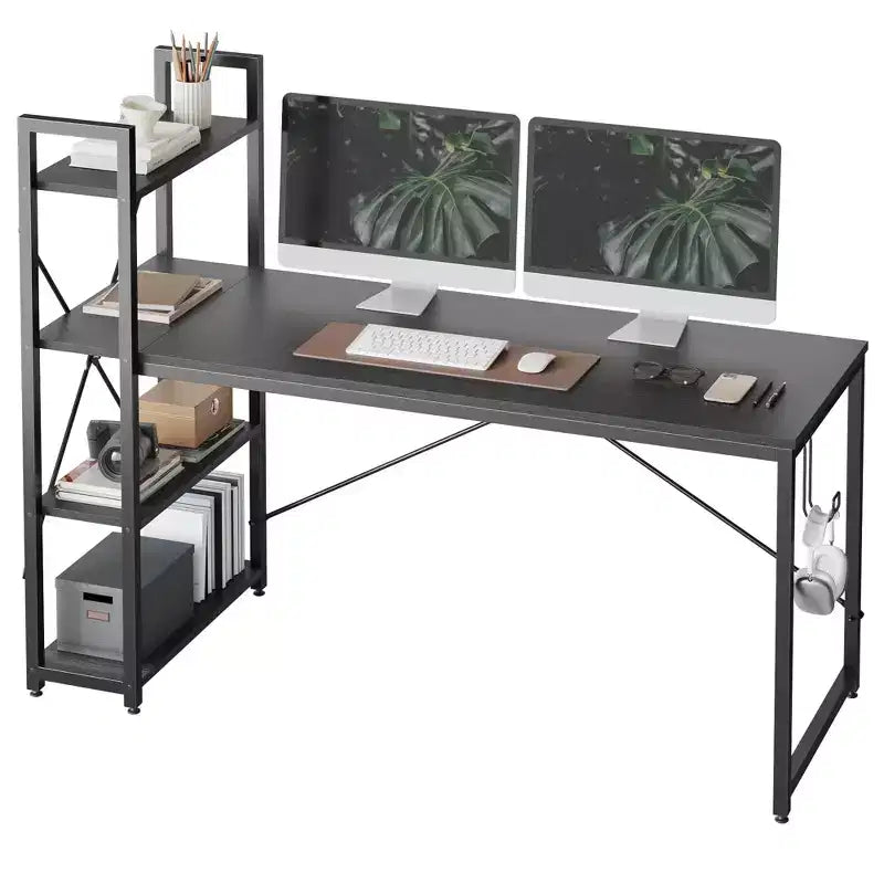 Scrivania da computer da 160 cm con ripiani e gancio per cuffie color rovere, Scrivania da ufficio domestico con 4 ripiani, piedini regolabili e libreria reversibile