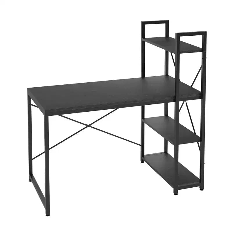 Scrivania da computer da 160 cm con ripiani e gancio per cuffie color rovere, Scrivania da ufficio domestico con 4 ripiani, piedini regolabili e libreria reversibile