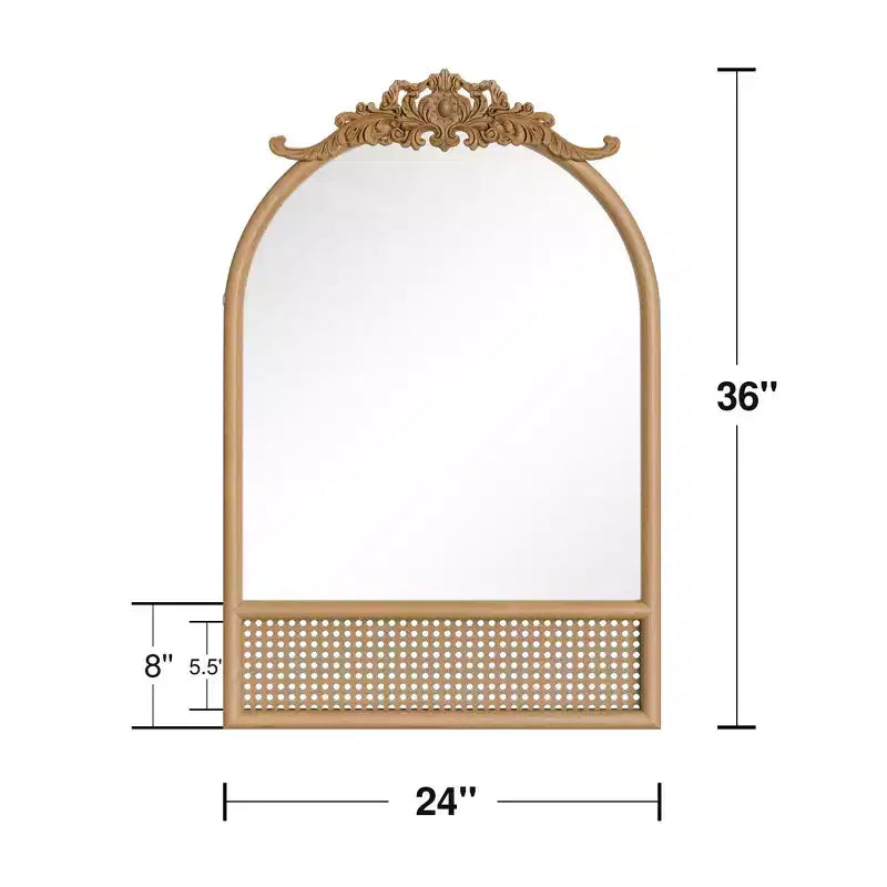 Specchio da Parete con Cornice in Legno ad Arco Classico Intagliato e Fondo in Rattan