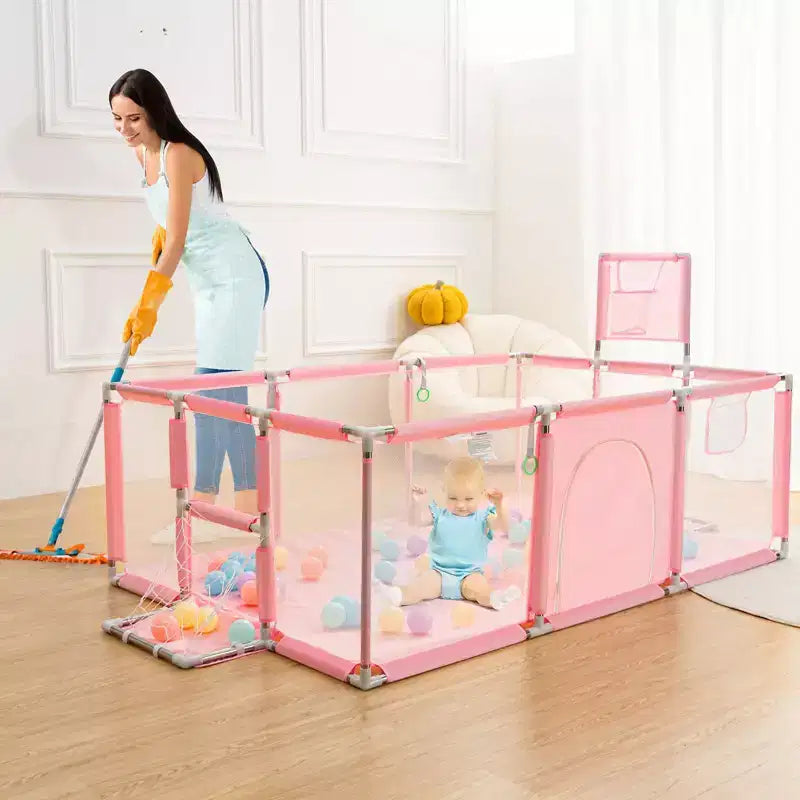 Box per neonati portatile 71x48 a 4 pannelli con canestro da basket