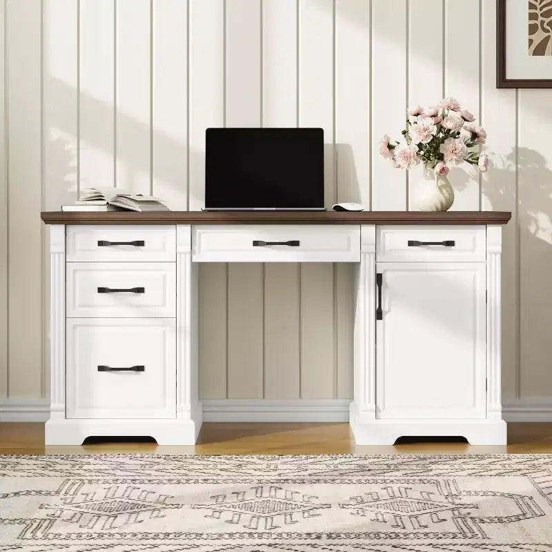 Famapy White and Brown Wooden Writing Desk Office Desk Computer Desk with Drawers - Home Office Workstation