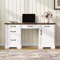 Famapy White and Brown Wooden Writing Desk Office Desk Computer Desk with Drawers - Home Office Workstation
