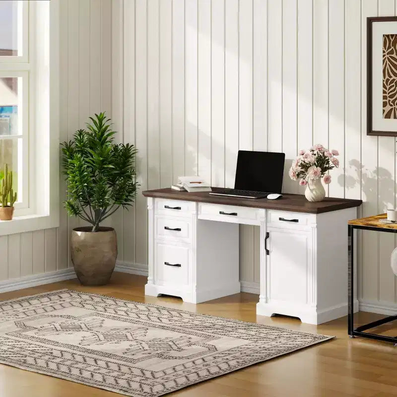 Scrivania da ufficio in legno bianco e marrone con cassetti - Postazione di lavoro per ufficio domestico