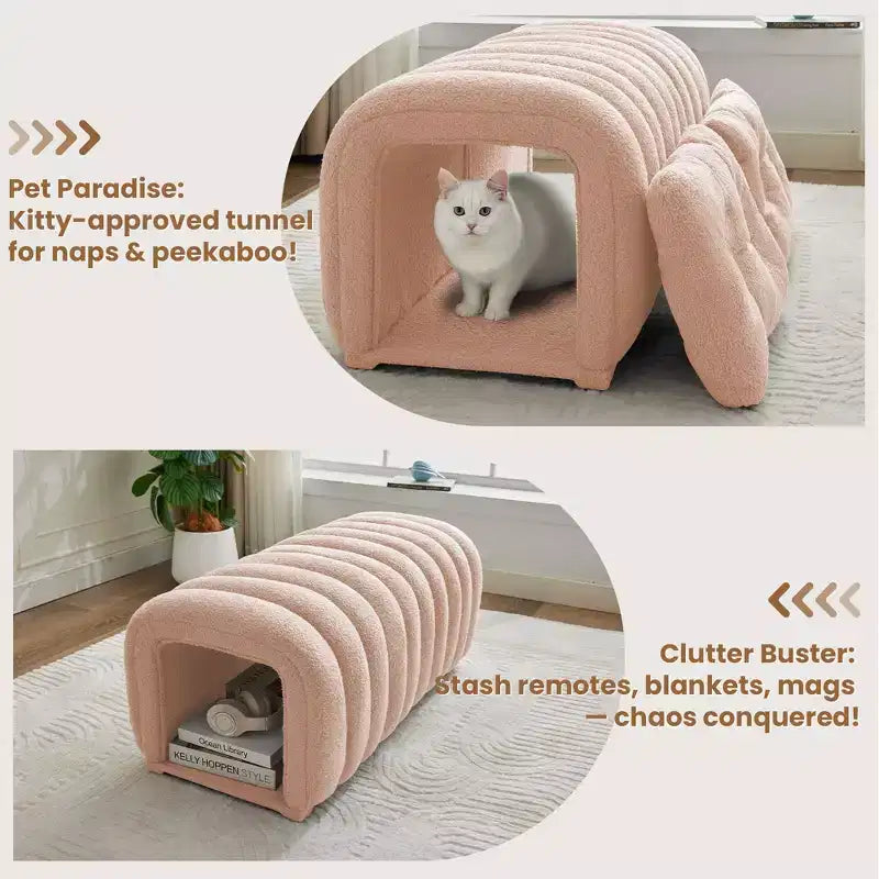 Poggiapiedi facili da collegare adatti agli animali domestici - Panca da letto 2 in 1 e tunnel gioco con 2 cuscini rimovibili
