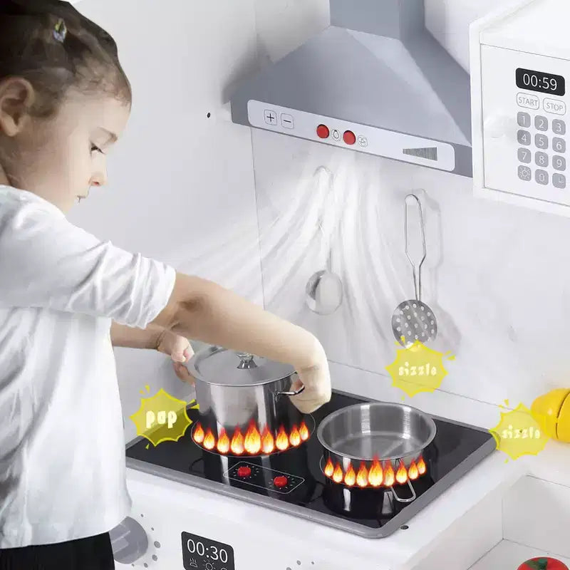 Cucina Giocattolo per Bambini, Set da Chef in Legno con Accessori per Cucinare, Gioco di Imitazione con Utensili da Cucina in Legno