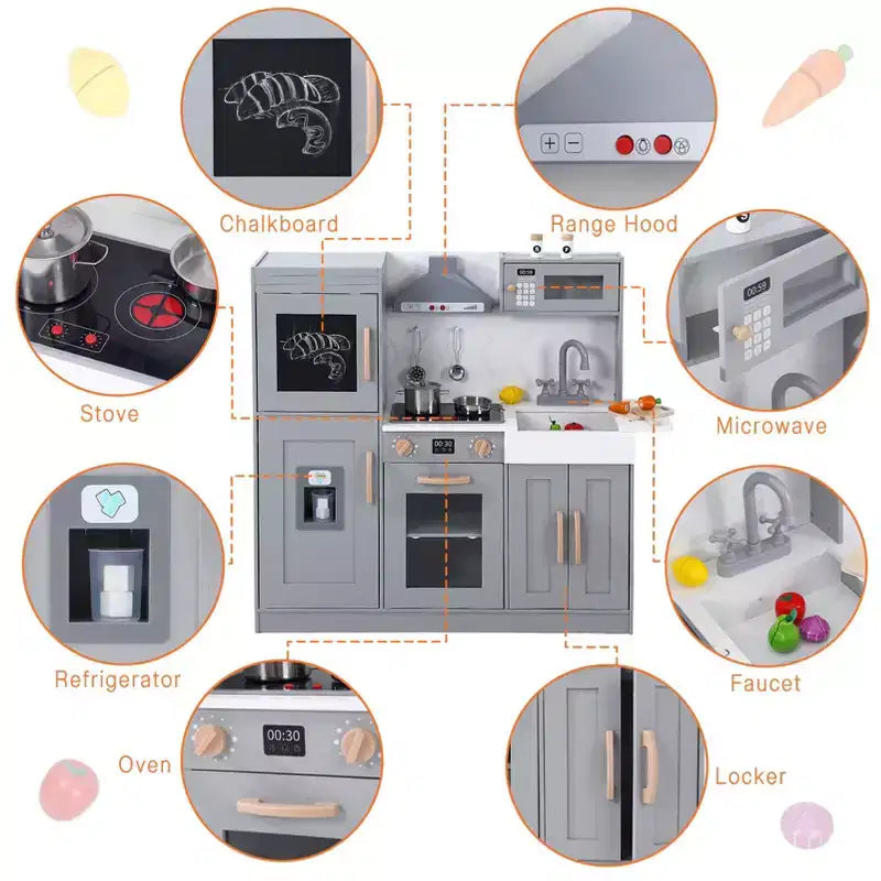 Cucina Giocattolo per Bambini, Set da Chef in Legno con Accessori per Cucinare, Gioco di Imitazione con Utensili da Cucina in Legno