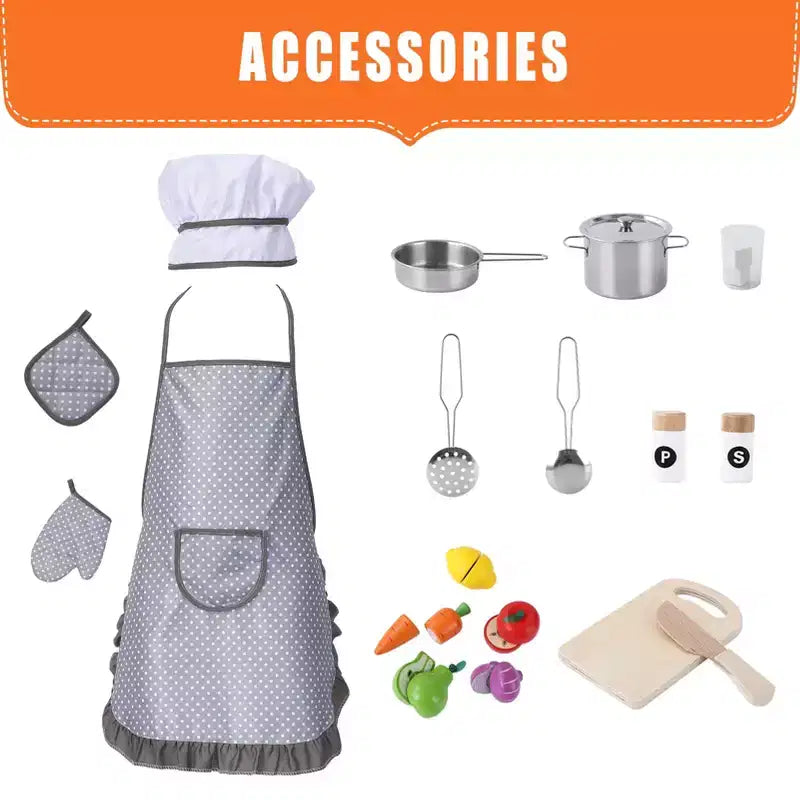 Cucina Giocattolo per Bambini, Set da Chef in Legno con Accessori per Cucinare, Gioco di Imitazione con Utensili da Cucina in Legno