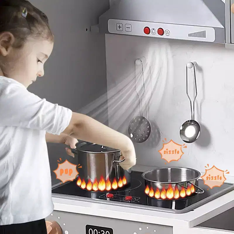 Cucina Giocattolo per Bambini, Set da Chef in Legno con Accessori per Cucinare, Gioco di Imitazione con Utensili da Cucina in Legno