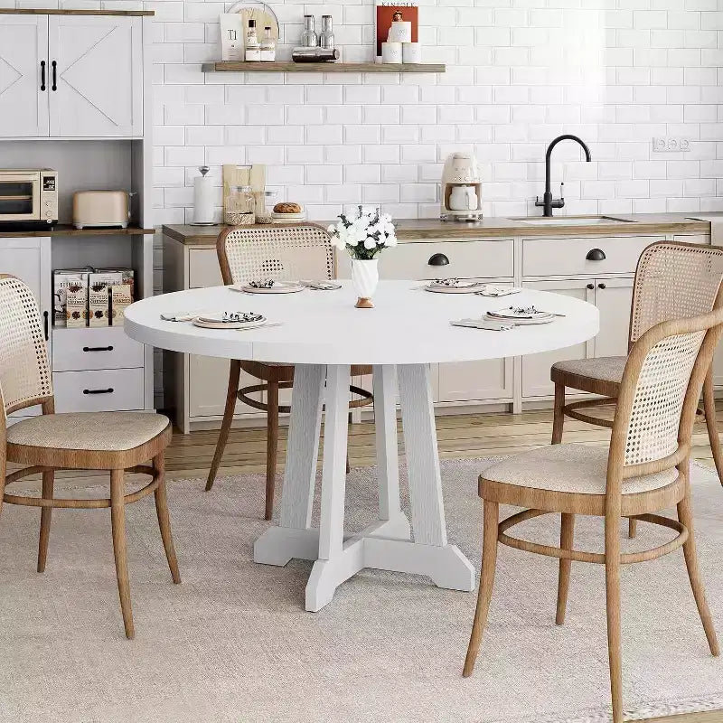 Tavolo da pranzo rotondo da 47 pollici, 4 posti, piano in legno con base a piedistallo a croce, tavolo salvaspazio per cucina e sala da pranzo, stile rustico