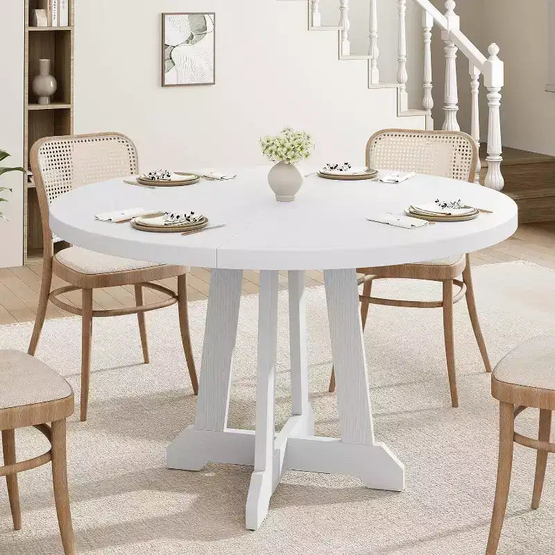 Tavolo da pranzo rotondo da 47 pollici, 4 posti, piano in legno con base a piedistallo a croce, tavolo salvaspazio per cucina e sala da pranzo, stile rustico