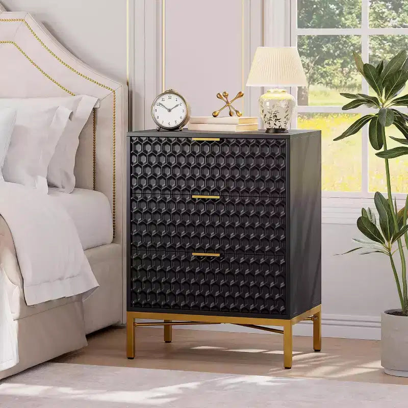 Comò nero per camera da letto, comodino moderno a 3 cassetti, tavolino da divano per camera da letto, dormitorio, piccoli spazi