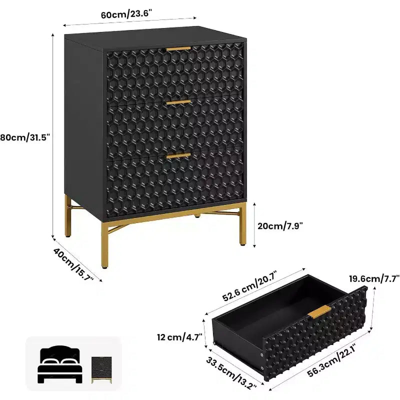 Comò nero per camera da letto, comodino moderno a 3 cassetti, tavolino da divano per camera da letto, dormitorio, piccoli spazi