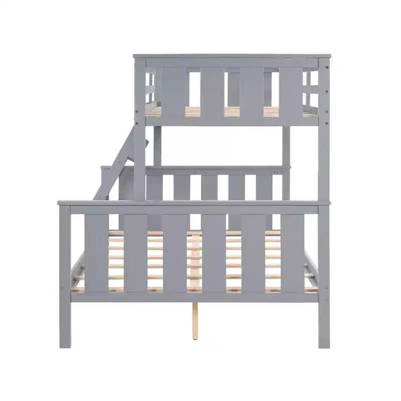 Letto a castello singolo sopra matrimoniale con scaletta, struttura in legno con spondine alte per bambini, non necessita di rete a molle, robusto e salvaspazio, grigio