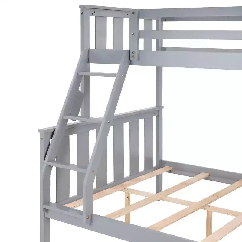 Letto a castello singolo sopra matrimoniale con scaletta, struttura in legno con spondine alte per bambini, non necessita di rete a molle, robusto e salvaspazio, grigio