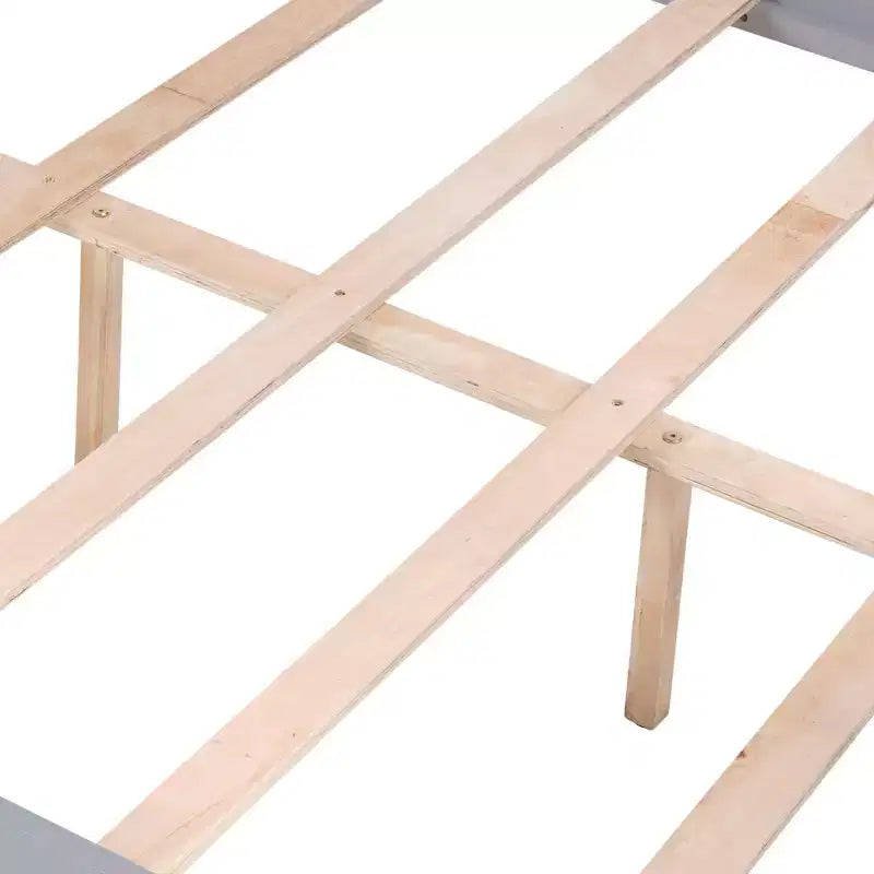 Letto a castello singolo sopra matrimoniale con scaletta, struttura in legno con spondine alte per bambini, non necessita di rete a molle, robusto e salvaspazio, grigio