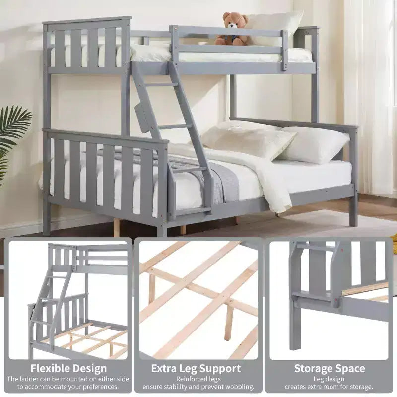 Letto a castello singolo sopra matrimoniale con scaletta, struttura in legno con spondine alte per bambini, non necessita di rete a molle, robusto e salvaspazio, grigio