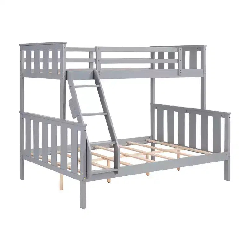 Letto a castello singolo sopra matrimoniale con scaletta, struttura in legno con spondine alte per bambini, non necessita di rete a molle, robusto e salvaspazio, grigio