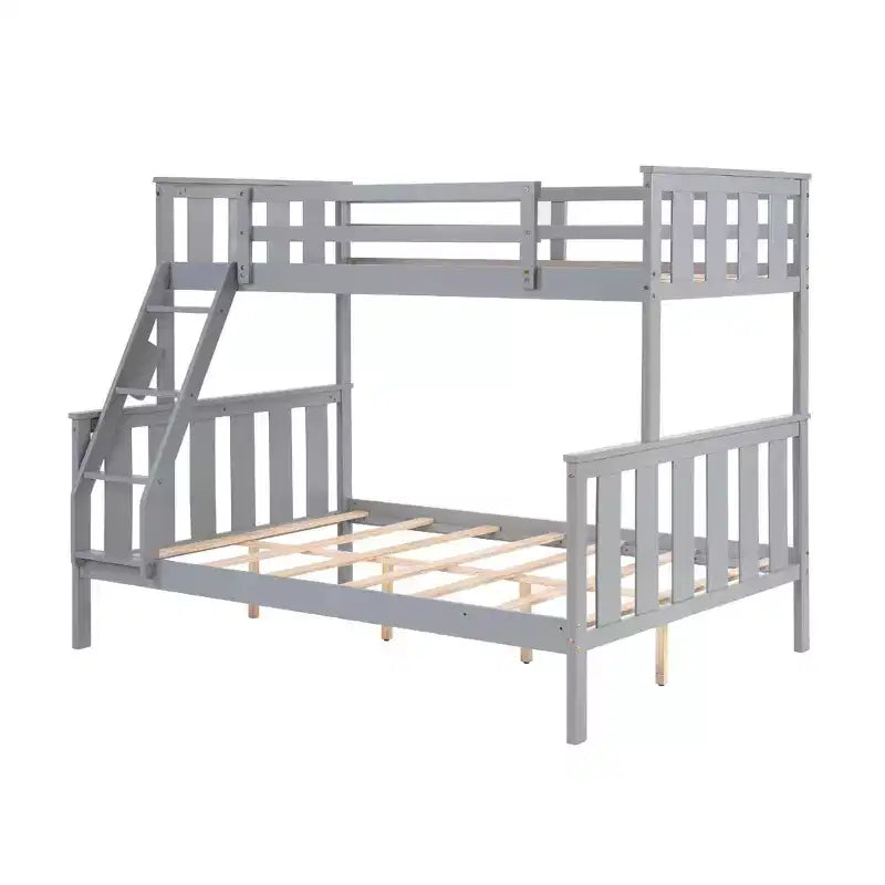 Letto a castello singolo sopra matrimoniale con scaletta, struttura in legno con spondine alte per bambini, non necessita di rete a molle, robusto e salvaspazio, grigio
