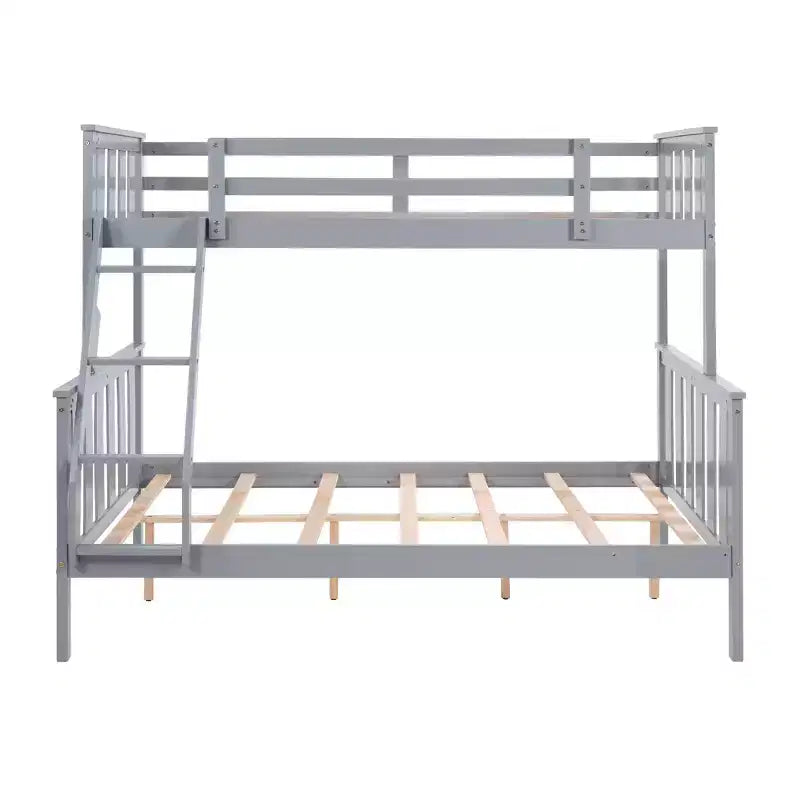 Letto a castello singolo sopra matrimoniale con scaletta, struttura in legno con spondine alte per bambini, non necessita di rete a molle, robusto e salvaspazio, grigio