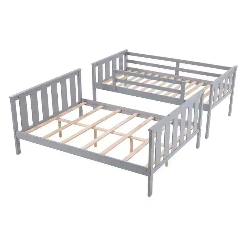 Letto a castello singolo sopra matrimoniale con scaletta, struttura in legno con spondine alte per bambini, non necessita di rete a molle, robusto e salvaspazio, grigio