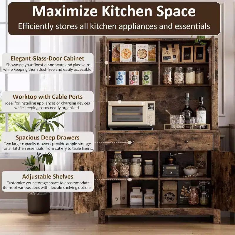 Dispensa da Cucina Autoportante con Cassetti e Credenza, Ripiani Regolabili e Supporto per Microonde, Unità di Stoccaggio Alta 160 cm per Sale da Pranzo