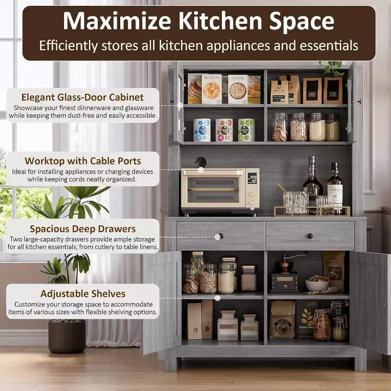 Dispensa da Cucina Autoportante con Cassetti e Credenza, Ripiani Regolabili e Supporto per Microonde, Unità di Stoccaggio Alta 160 cm per Sale da Pranzo