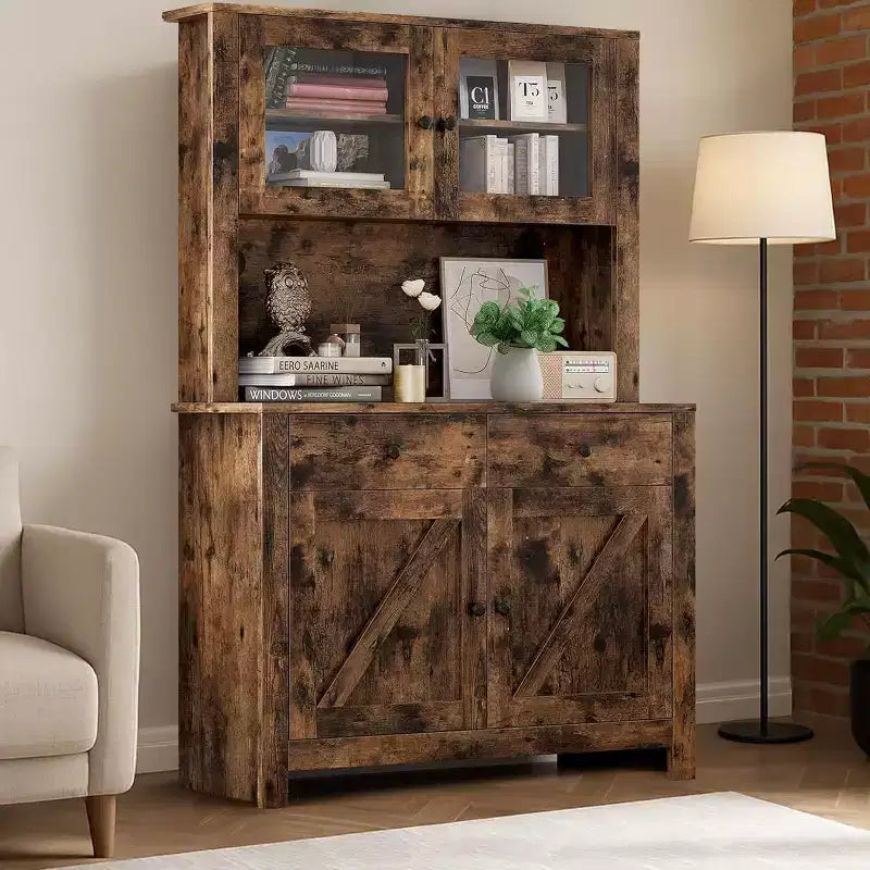 Dispensa da Cucina Autoportante con Cassetti e Credenza, Ripiani Regolabili e Supporto per Microonde, Unità di Stoccaggio Alta 160 cm per Sale da Pranzo