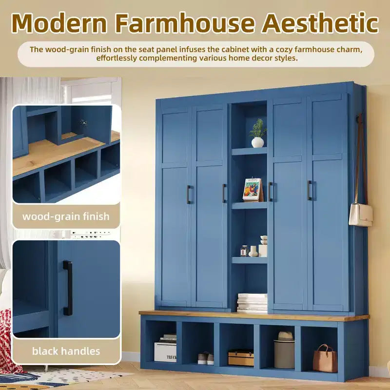 Appendiabiti da ingresso 4 in 1 Blue Farmhouse con 6 ganci, panca in legno per mudroom con scomparti aperti