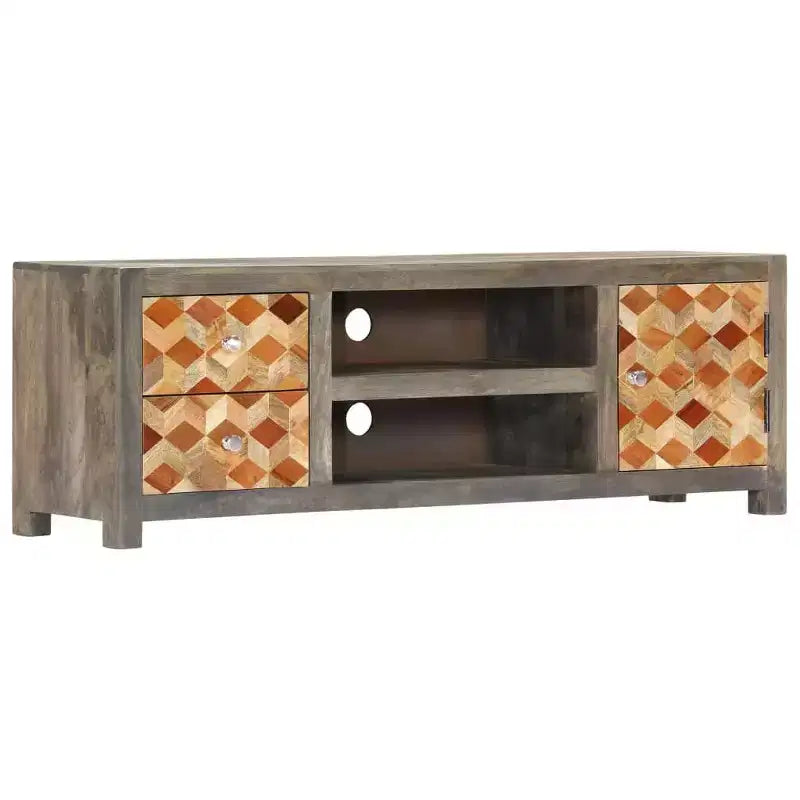 Mobile TV/porta media in legno massello di mango con due cassetti e un'anta, design scandinavo, grigio e marrone, 47,2x11,8x15,7