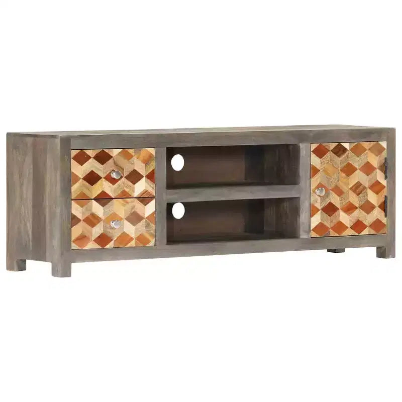 Mobile TV/porta media in legno massello di mango con due cassetti e un'anta, design scandinavo, grigio e marrone, 47,2x11,8x15,7