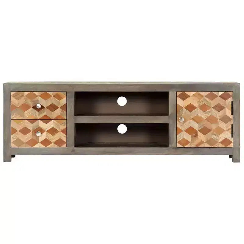 Mobile TV/porta media in legno massello di mango con due cassetti e un'anta, design scandinavo, grigio e marrone, 47,2x11,8x15,7