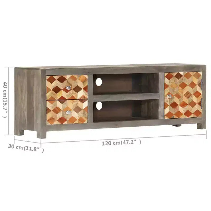 Mobile TV/porta media in legno massello di mango con due cassetti e un'anta, design scandinavo, grigio e marrone, 47,2x11,8x15,7