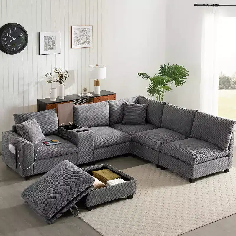 Divano sezionale modulare a U extra large da 140" con poggiapiedi, consolle, caricatore USB, portabicchieri, contenitore e rivestimento in velluto a coste, 6 posti per soggiorno