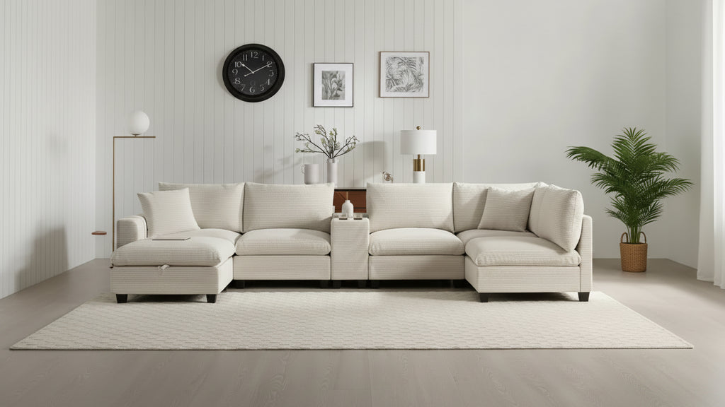 Divano sezionale modulare a U extra large da 140" con poggiapiedi, consolle, caricatore USB, portabicchieri, contenitore e rivestimento in velluto a coste, 6 posti per soggiorno