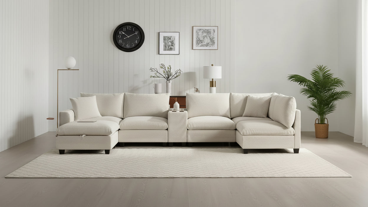 Divano sezionale modulare a U extra large da 140" con poggiapiedi, consolle, caricatore USB, portabicchieri, contenitore e rivestimento in velluto a coste, 6 posti per soggiorno