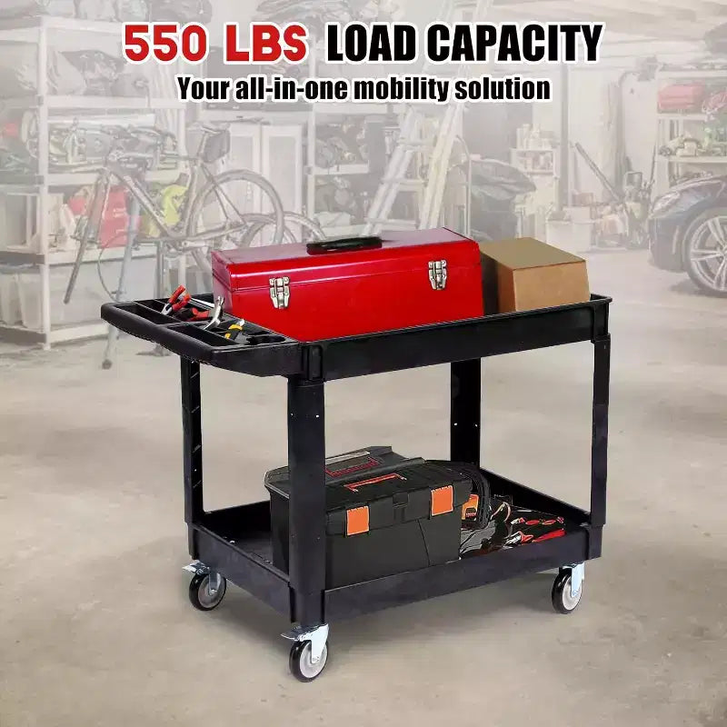 Carrello portautensili resistente a 2 ripiani, capacità 250 kg, ruote girevoli a 360° con freno per magazzino, garage, cucina, 116 x 65 cm