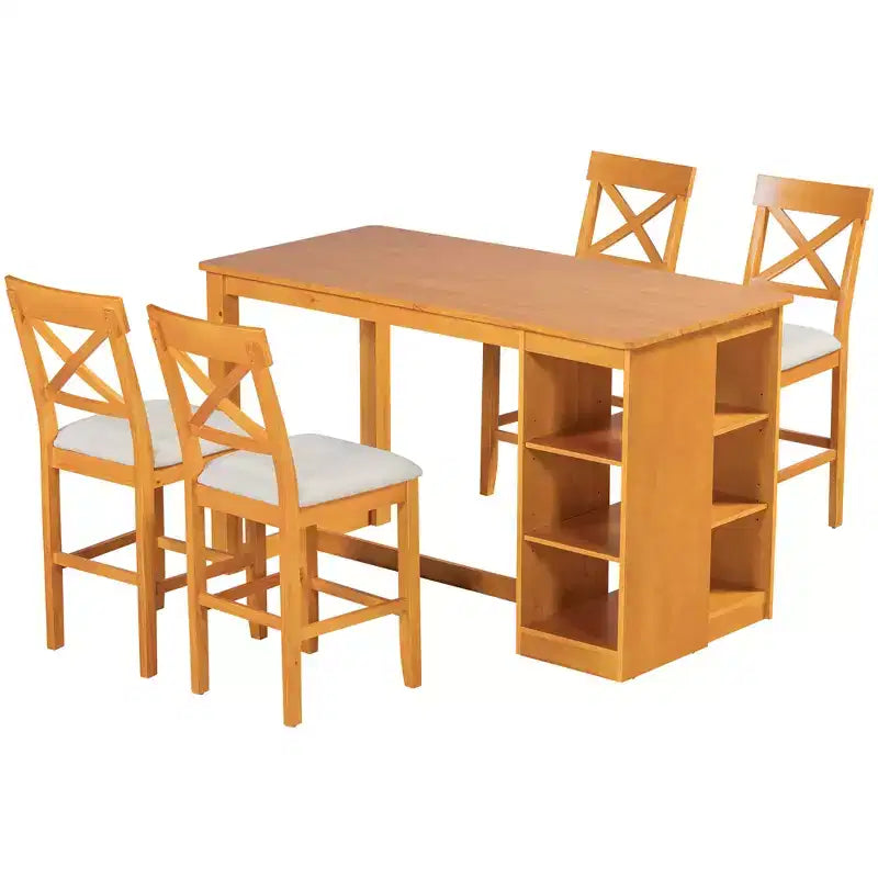 Tavolo da pranzo stile rustico altezza bancone per 4 persone, tavolo da bar in legno con ripiani e 4 sedie imbottite
