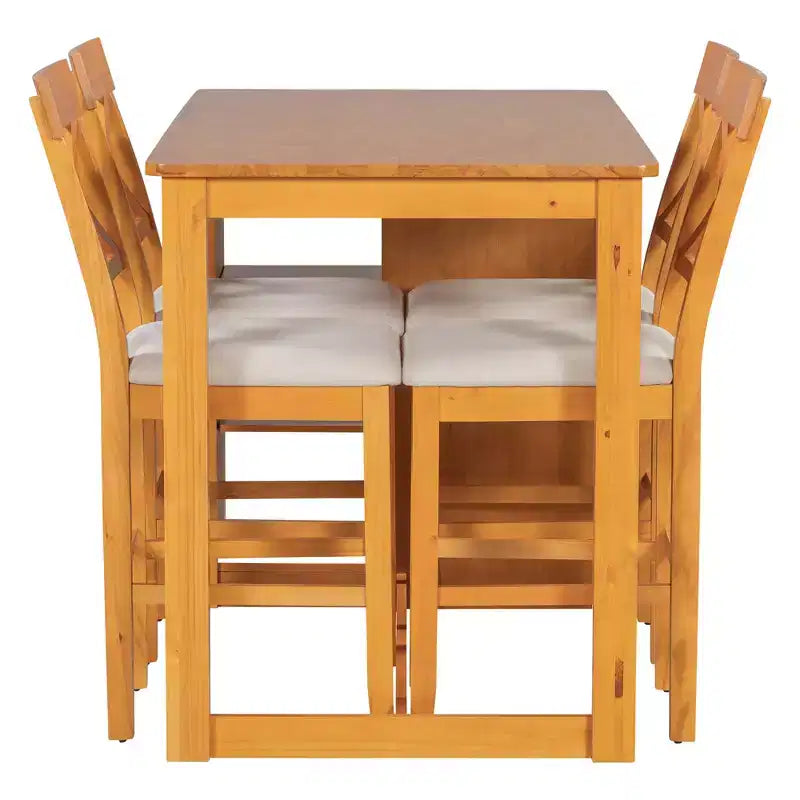 Tavolo da pranzo stile rustico altezza bancone per 4 persone, tavolo da bar in legno con ripiani e 4 sedie imbottite