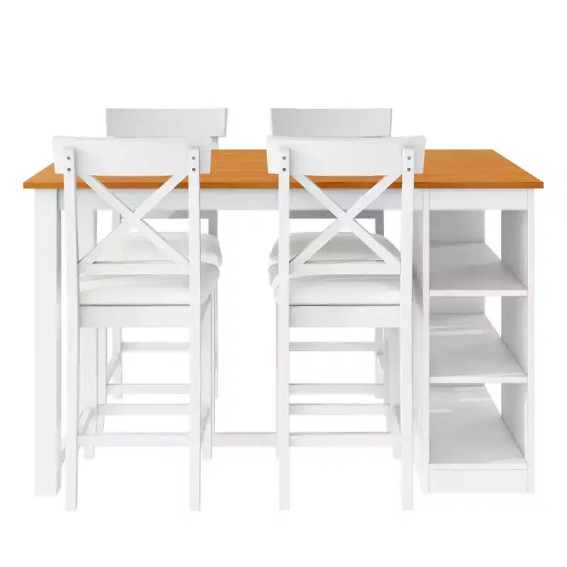 Tavolo da pranzo stile rustico altezza bancone per 4 persone, tavolo da bar in legno con ripiani e 4 sedie imbottite