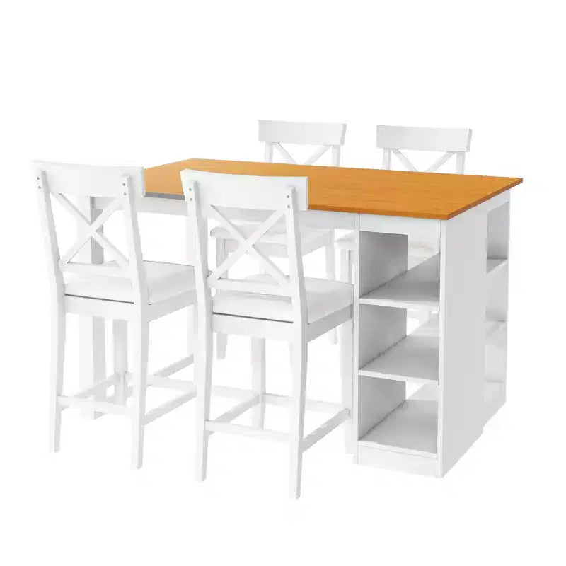 Tavolo da pranzo stile rustico altezza bancone per 4 persone, tavolo da bar in legno con ripiani e 4 sedie imbottite