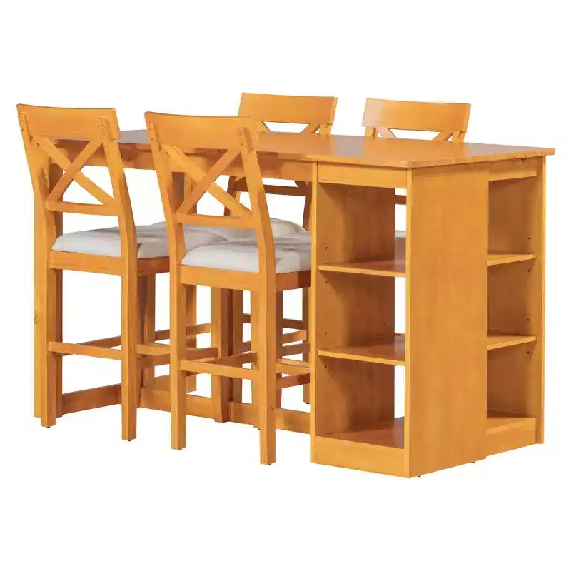Tavolo da pranzo stile rustico altezza bancone per 4 persone, tavolo da bar in legno con ripiani e 4 sedie imbottite