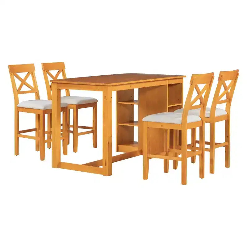 Tavolo da pranzo stile rustico altezza bancone per 4 persone, tavolo da bar in legno con ripiani e 4 sedie imbottite
