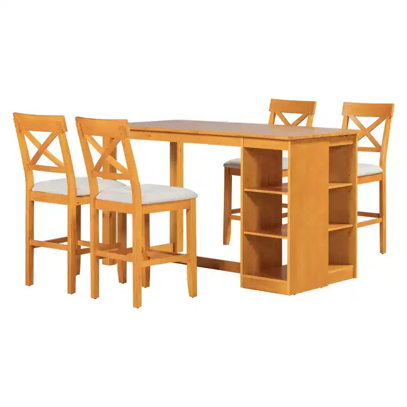 Tavolo da pranzo stile rustico altezza bancone per 4 persone, tavolo da bar in legno con ripiani e 4 sedie imbottite